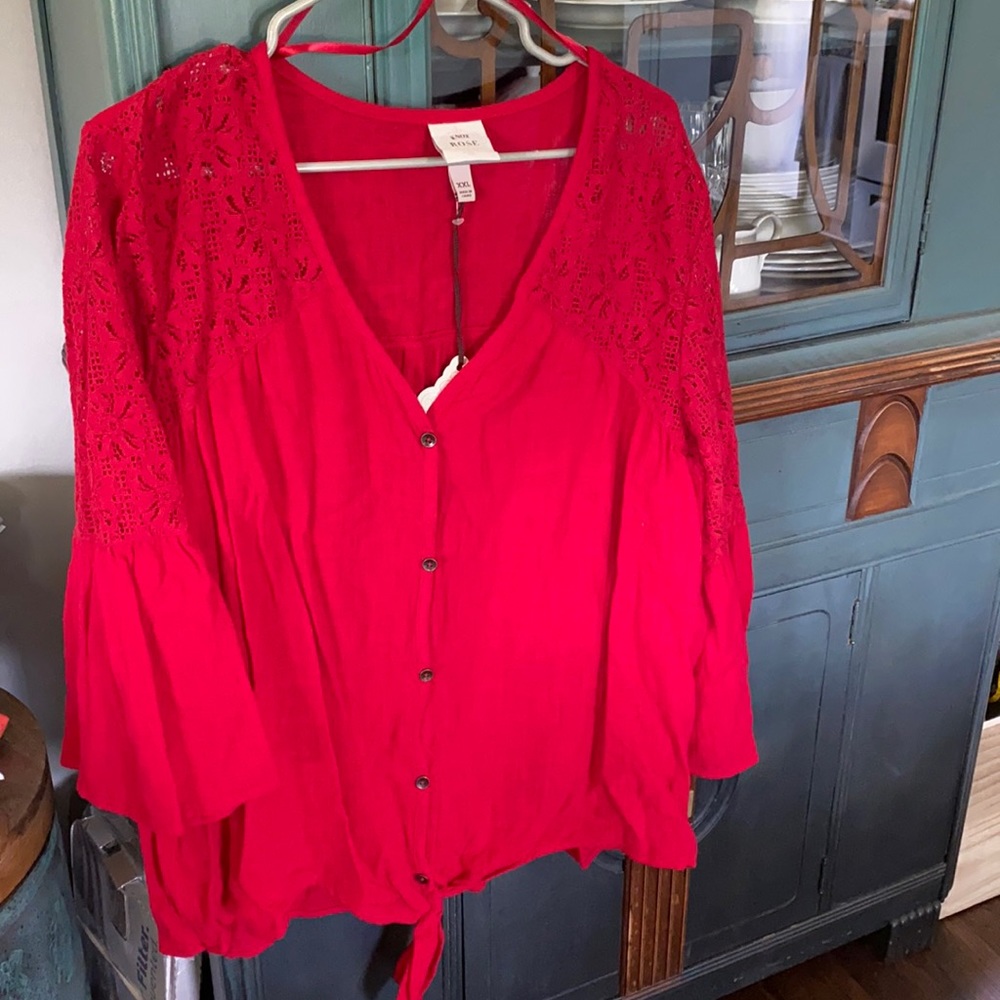 —KNOX ROSE— Red Crochet Detail Bell Sleeve Top